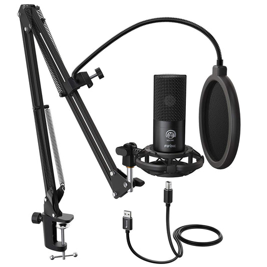 FIFINE Studio Condenser USB Microphone Computer PC Microphone Kit with Adjustable Boom Arm Stand Shock Mount for Instruments