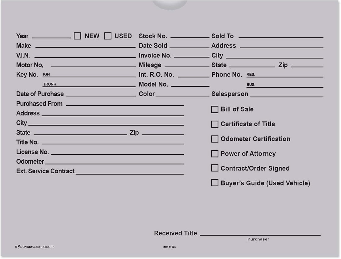 Printed Vehicle Deal Envelopes 9x12 Deal Jackets (100 shrink wrapped) (Gray)