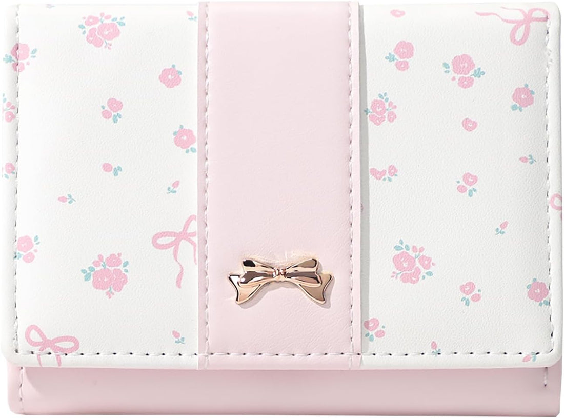 Cute Coquette Floral Bow Small Wallet for Women Girls (PINK)