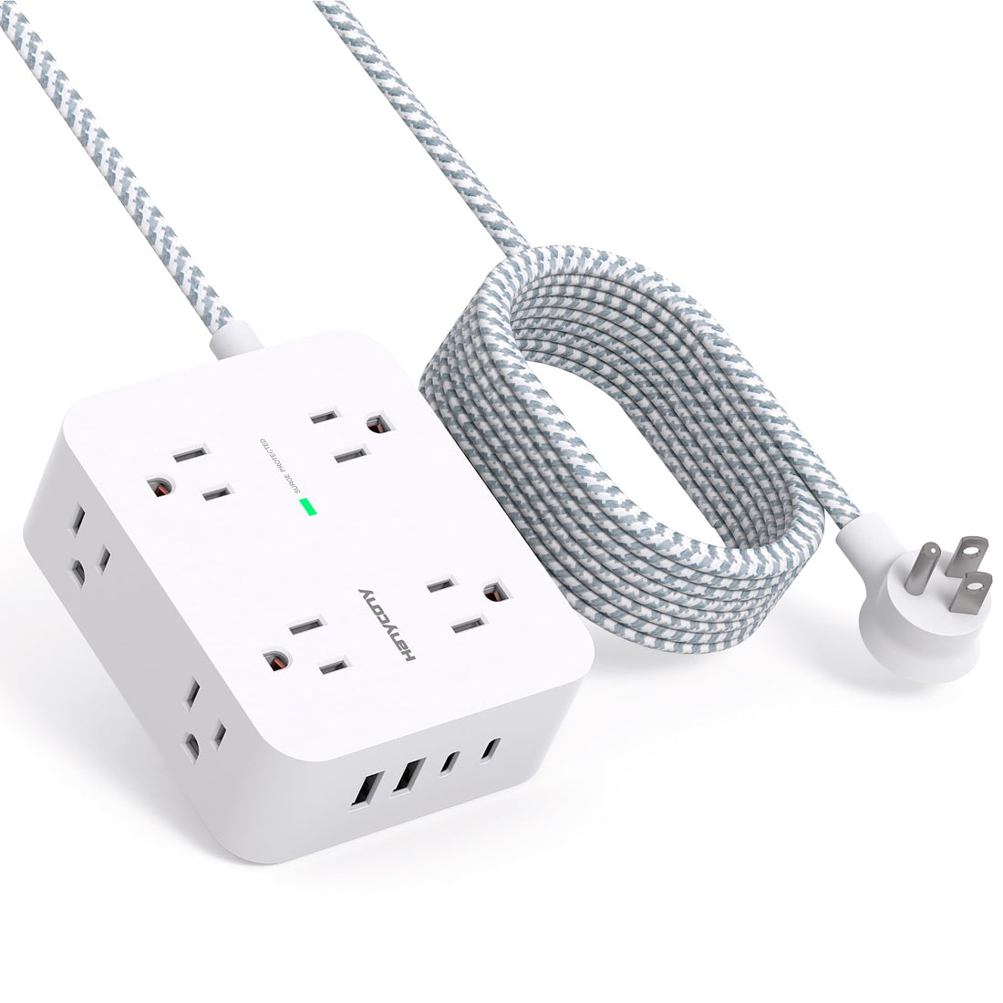 10 Ft Surge Protector Power Strip, Extension Cord with 8 AC Outlets 4 USB (2 USB C) Ports, Flat Plug, Wall Mount Desk USB
