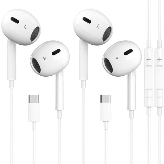 2 Packs USB C Headphones for iPhone 16/15 Earbuds with Microphone & Volume Control HiFi Stereo Type C Earphones for Galaxy