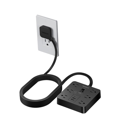 Black Surge Protector Power Strip, TESSAN Flat Plug Extension Cord 5 FT with 6 Outlets 3 USB Charger (1 USB C), 1700J Protection Multiple Outlets Charging Station for Home, Office, College Dorm Room - PCTechSupply.com
