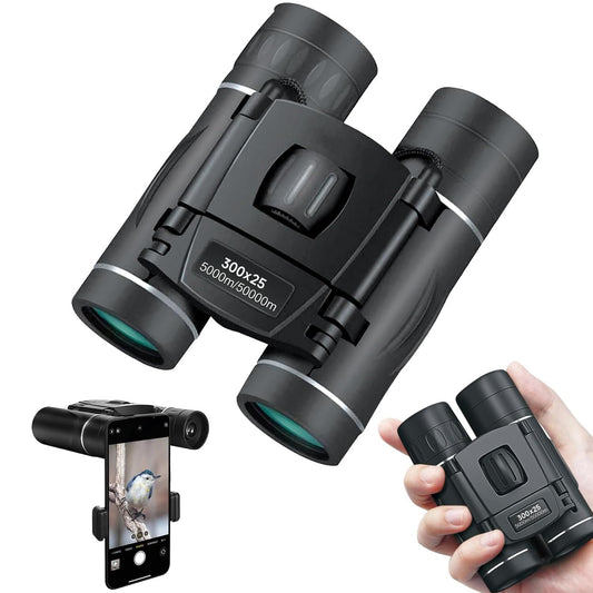300x25 Binoculars for Adults and Kids, High Powered Mini Pocket Binoculars with Phone Adapter, Waterproof Compact Binoculars