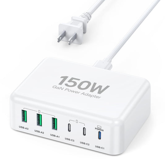 USB C Fast Charger, 150W 6 Port Desktop PD GaN Fast Charger Charging Station Block 65W USB C Laptop Power Adapter for
