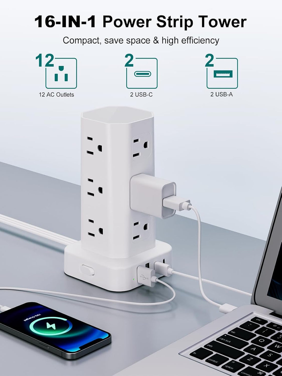 Power Strip Tower Surge Protector, 10FT Flat Plug Extension Cord with Multiple Outlets, 12 AC Outlets 4 USB (2 USB C), Desktop Charging Station with Surge Protection for Home Office Dorm Room, White
