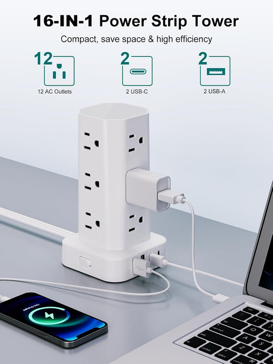 Power Strip Tower Surge Protector, 10FT Flat Plug Extension Cord with Multiple Outlets, 12 AC Outlets 4 USB (2 USB C), Desktop Charging Station with Surge Protection for Home Office Dorm Room, White