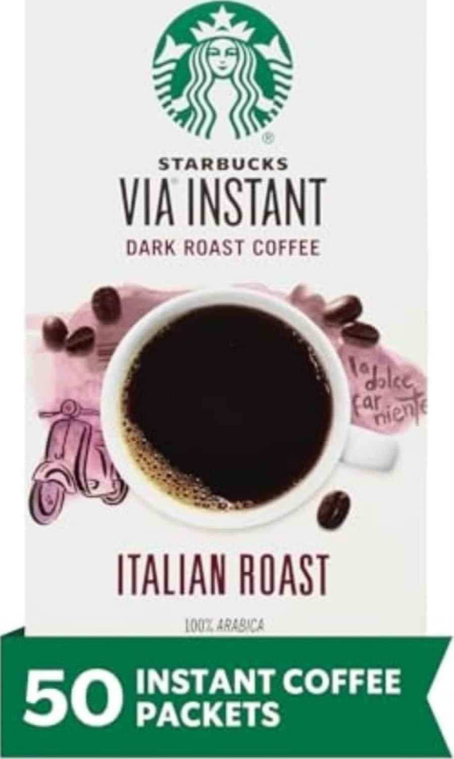Starbucks VIA Instant Coffee, Dark Roast Coffee, Italian Roast, 100% Arabica, Single-Serve, 1 Box (50 Packets) | 100% Arabica instant coffee packets; Italian Roast dark roast; 1 box, 50 packets