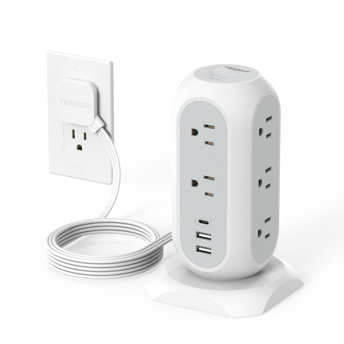 Tower Power Strip Flat Plug with 11 Outlets 3 USB (1 USB C), TESSAN Surge Protector Tower 1625W/13A,1050J Protection, 6 Feet