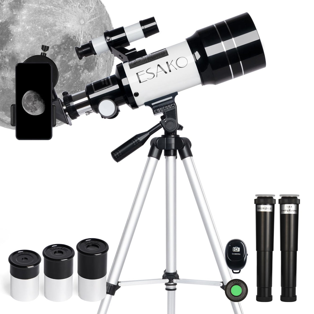 ESAKO Telescope for Kids & Beginners, 70mm Aperture Portable Telescopes with 3 Eyepieces, Height Adjustable Tripod & Phone