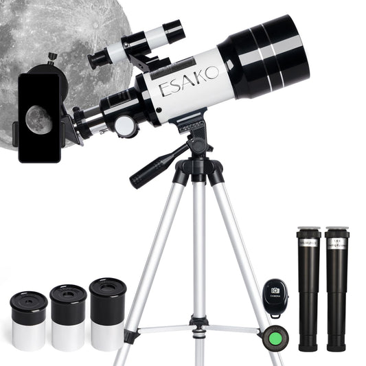 ESAKO Telescope for Kids & Beginners, 70mm Aperture Portable Telescopes with 3 Eyepieces, Height Adjustable Tripod & Phone