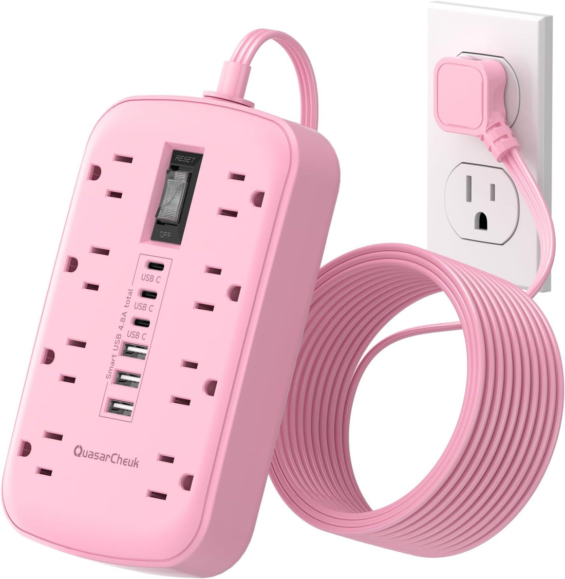 Pink Extension Cord with Surge Protector, 5 FT Flat Plug Power Strip