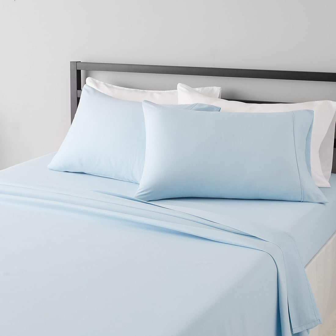 Amazon Basics Lightweight Super Soft Easy Care Microfiber 4-Piece Bed Sheet Set with 14-Inch Deep Pockets, King, Light Blue, Solid