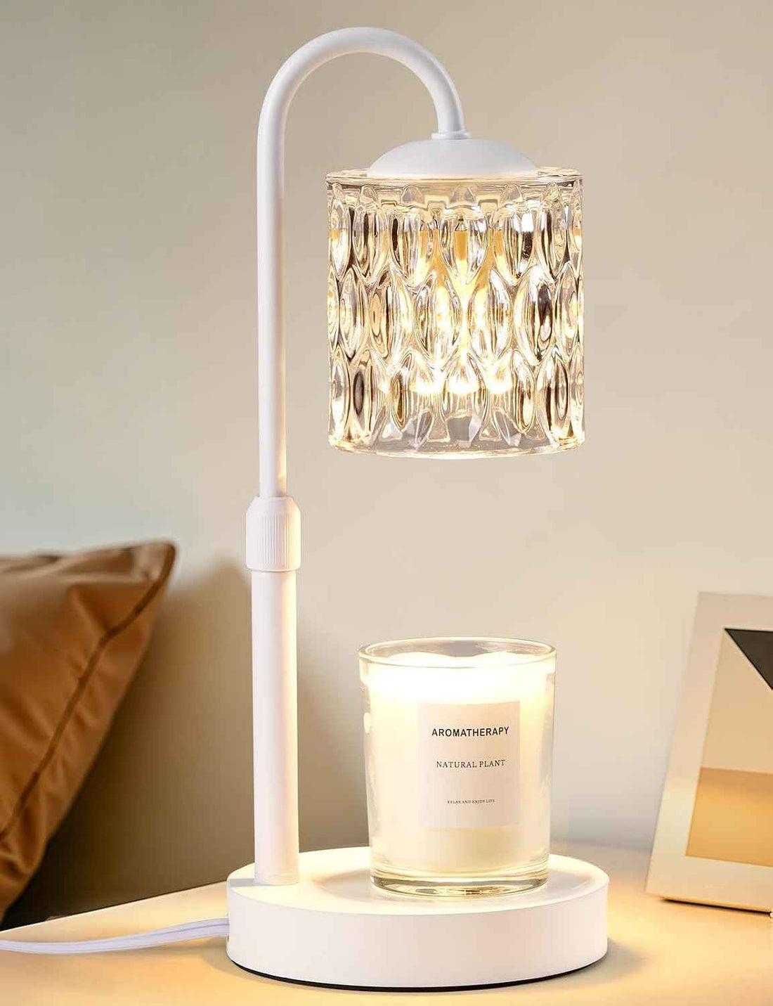 Briever Dimmable Candle Warmer Lamp with Timer, Height Adjustable Electric Candle Wax Warmer, Birthday Gifts for Women Mom, House Warming Gifts New Home Decor, Solid Wood Base, White Clear