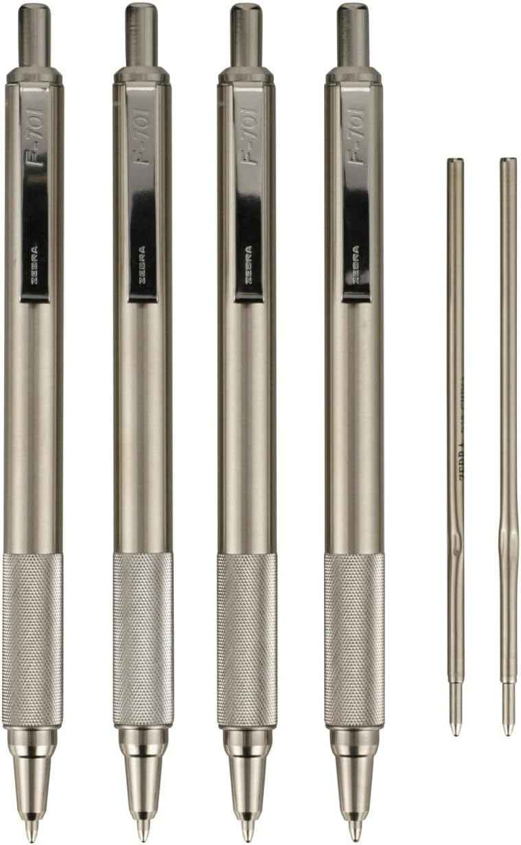 Zebra Pen STEEL F-701 Retractable Ballpoint Pen, Black Ink, 0.8mm, 4-Pack | Built for Tactical / EDC Use, Stainless Steel, Knurled Grip, Heavy-Duty Construction, Fine Point Tip, Plus Refills (50113)