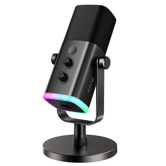 FIFINE USB/XLR Dynamic Microphone for Podcast Recording, PC Computer Gaming Streaming Mic with RGB Light, Mute Button,