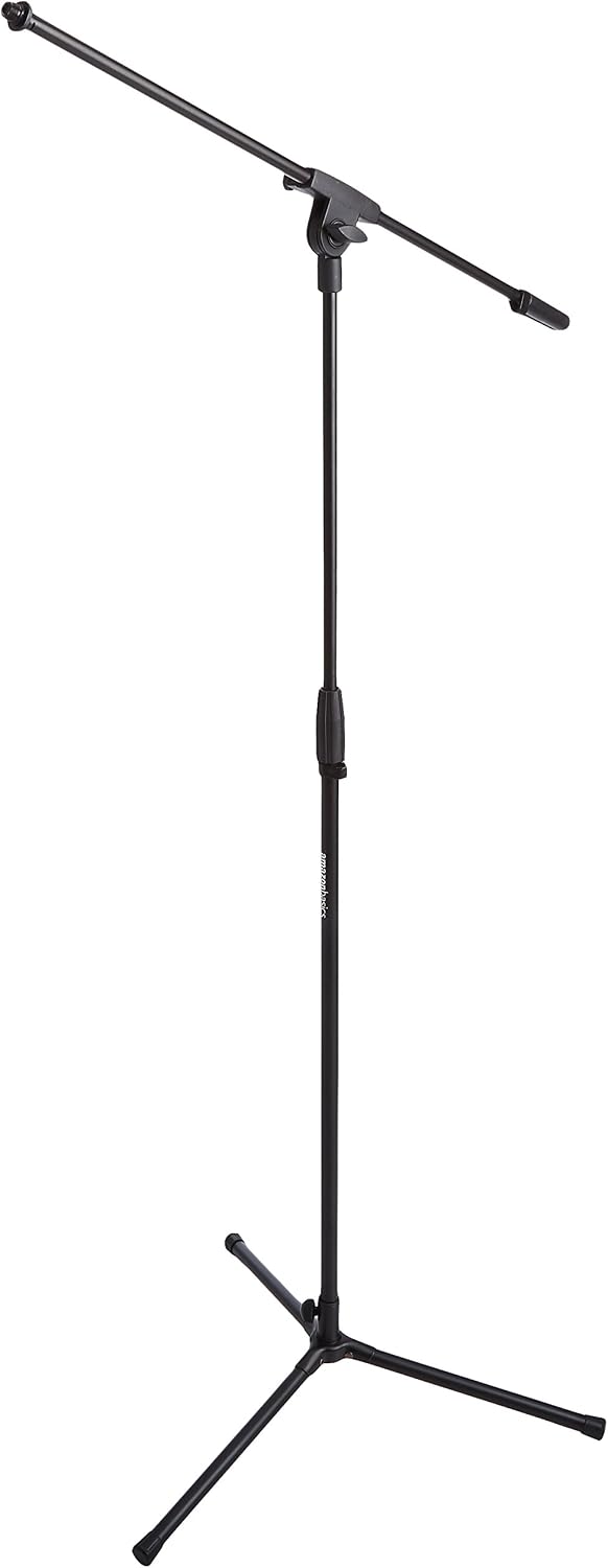Amazon Basics Sturdy Portable Microphone Boom Arm Stand, Height Adjustable with Cable Management, Foldable Tripod Base, Up to 85.75", Black