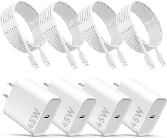 Phone 17 16 15 Charger, 45W USB C Charger, 4-Pack Fast Wall Charging, USB-C Chargers Block (4-Pack 6 ft Cable Included) for Phone 17/16/15/15 Pro/15 Pro Max/iPad Pro/AirPods Samsung & More