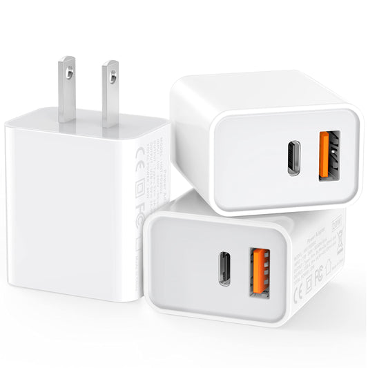 3 Pack USB C Wall Charger, 20W Durable Dual Port QC+PD 3.0 Power Adapter, Double Fast Plug Charging Block for iPhone