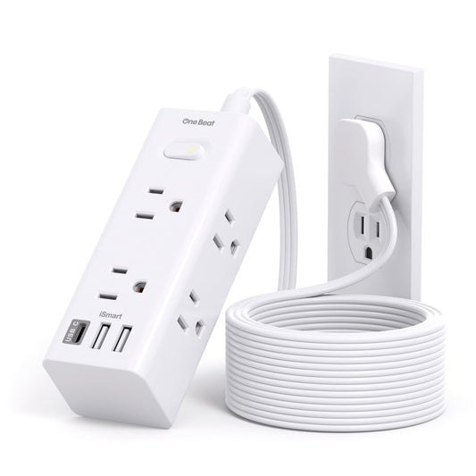 10Ft Extension Cord with Multiple Outlets, Flat Plug Power Strip Surge Protector with 10 Ft Long Cord, 6 Outlet 3 USB Ports