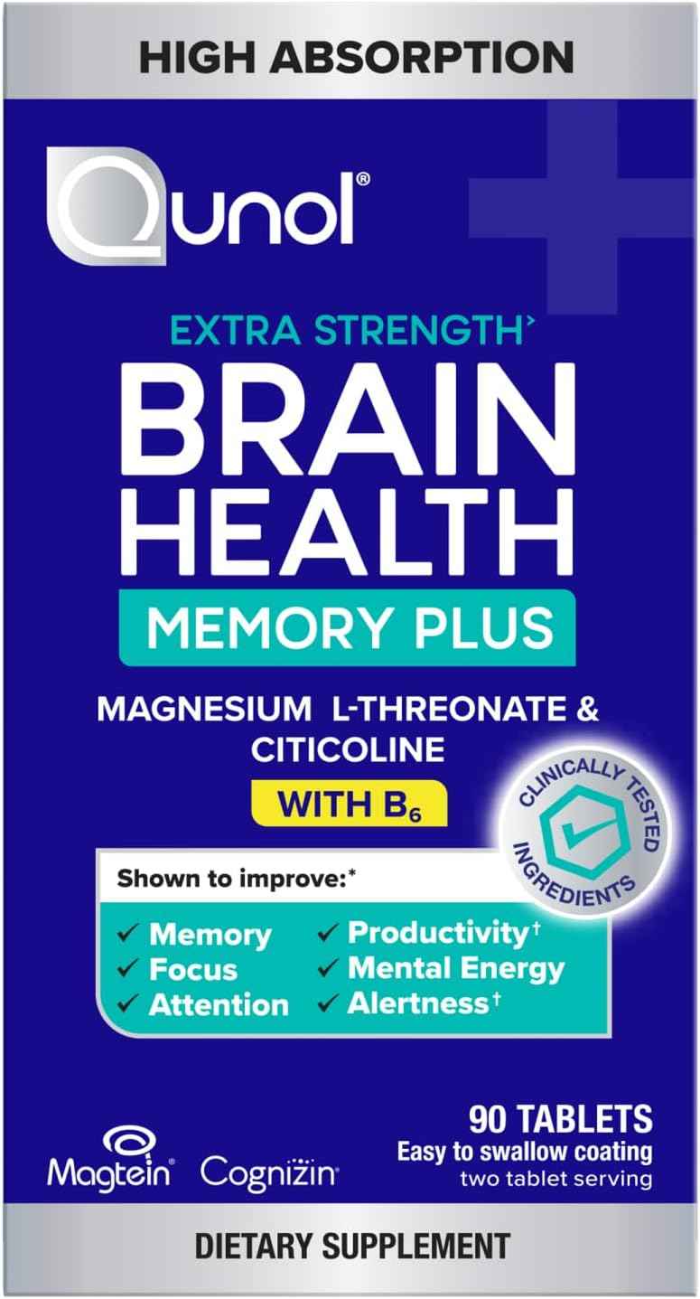 Qunol Brain Health Memory Plus w/Magtein, Cognizin & Vitamin B6, 90ct | Combines Two Clinically Tested, High Absorption Ingredients to Improve Memory, Focus, Attention, Productivity