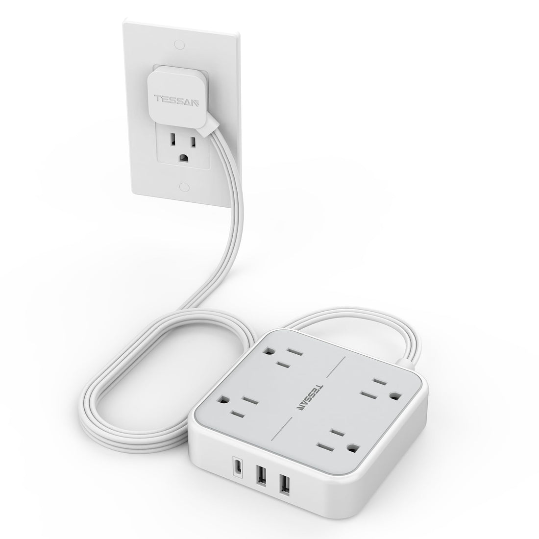 Flat Plug Surge Protector Power Strip, TESSAN 5 ft Ultra Thin Extension Cord with 3 USB Wall Charger(1 USB C Port), 4