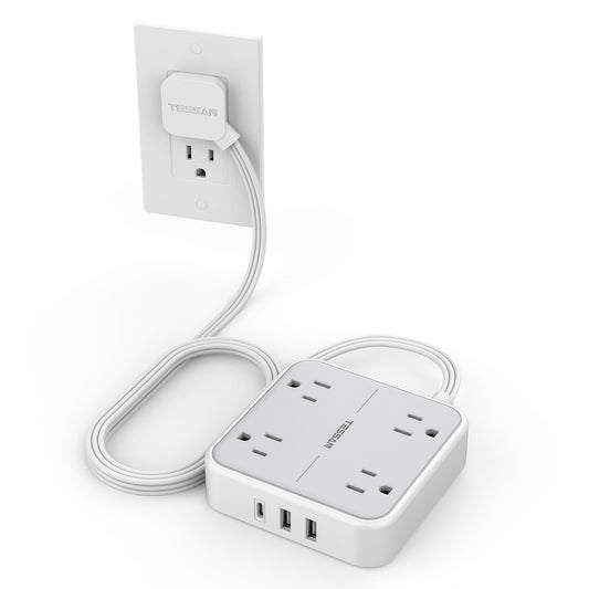 Flat Plug Surge Protector Power Strip, TESSAN 5 ft Ultra Thin Extension Cord with 3 USB Wall Charger(1 USB C Port), 4