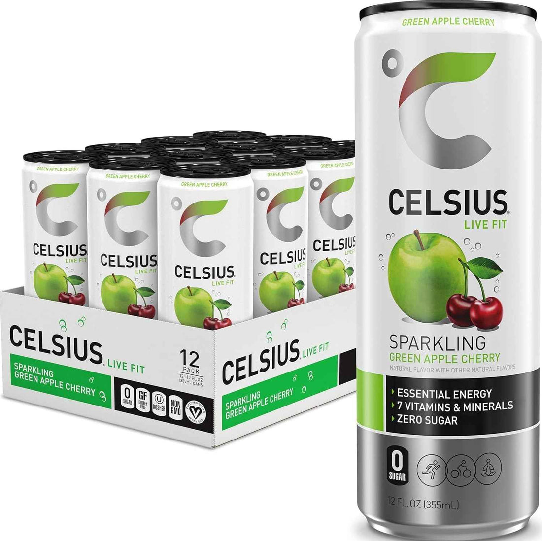 CELSIUS Sparkling Green Apple Cherry, Sugar Free Energy Drink, 12 Fl Oz (Pack of 12)