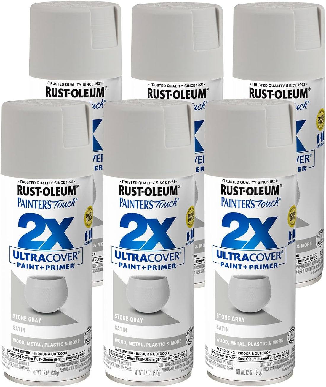 Rust-Oleum 334086-6PK Painter's Touch 2X Ultra Cover Spray Paint, 12 oz, Satin Stone Gray, 6 Pack
