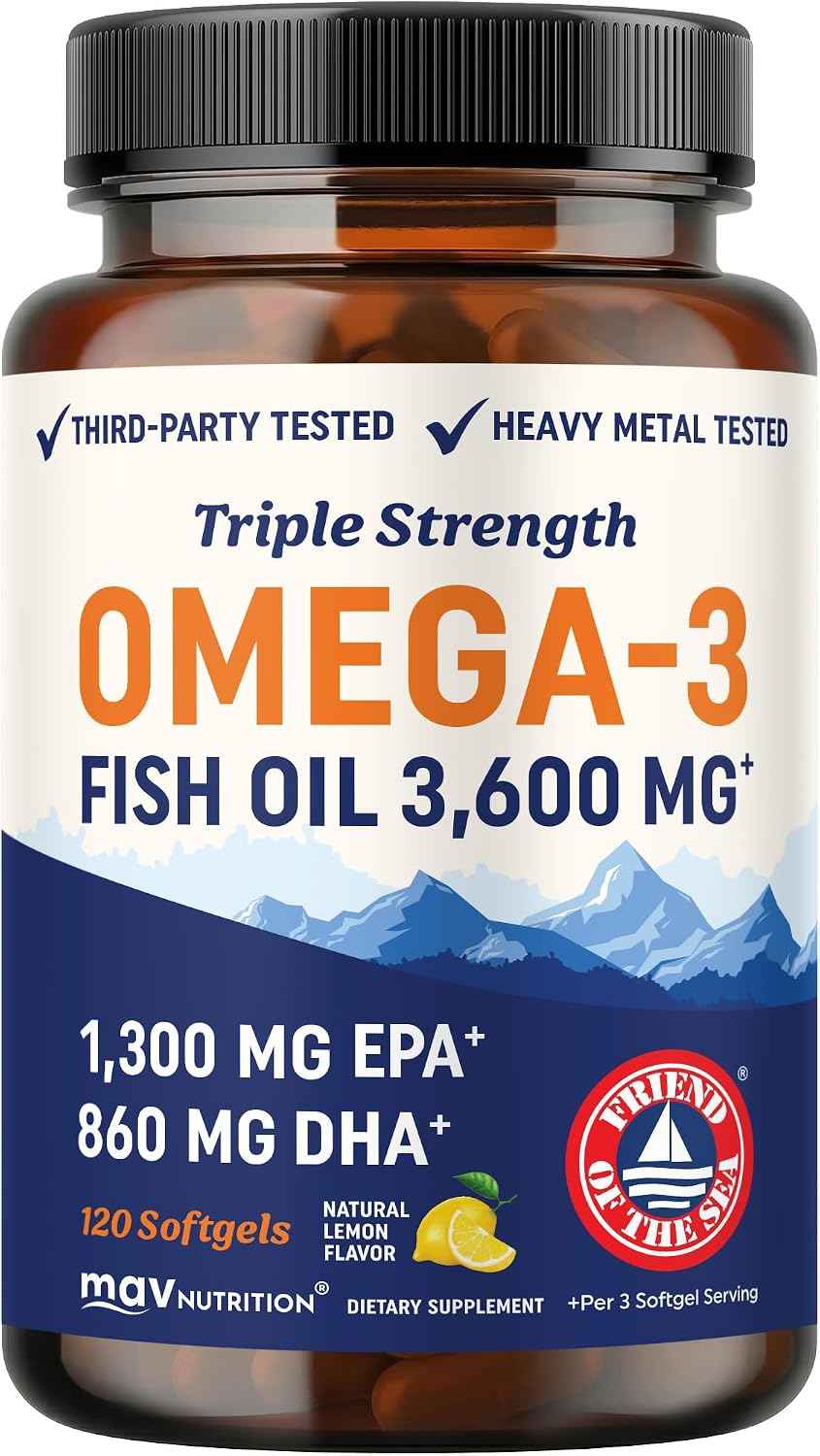 Triple Strength Omega 3 Fish Oil 3600 mg, EPA & DHA, Over 2100mg Omega-3