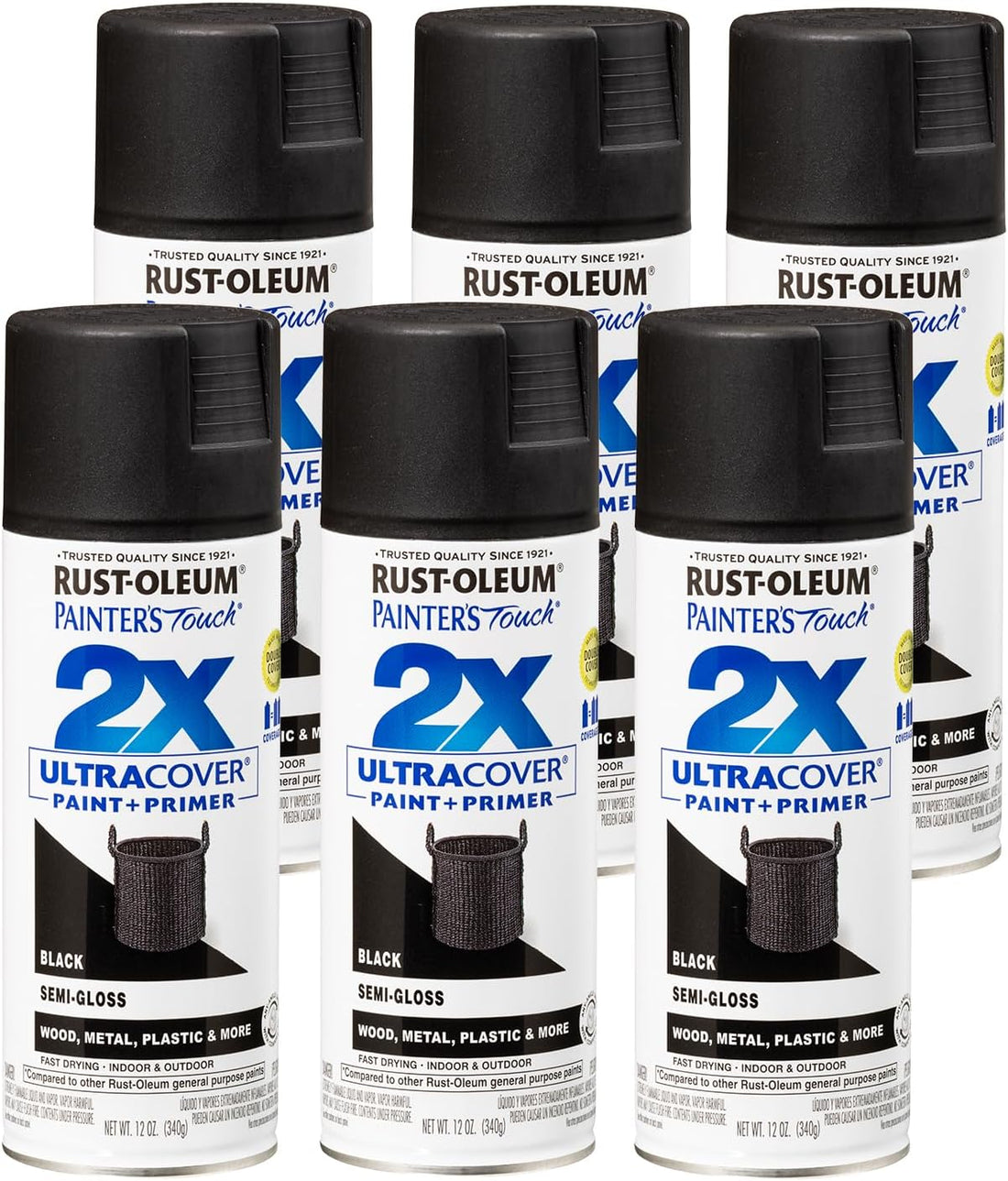 Rust-Oleum 334097-6PK Painter's Touch 2X Ultra Cover Spray Paint, 12 oz, Semi-Gloss Black, 6 Pack