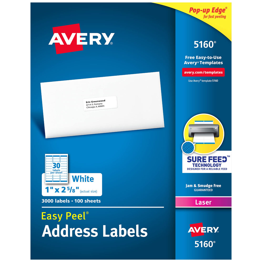 Avery Easy Peel Printable Address Labels with Sure Feed, 1" x 2-5/8", White, 3,000 Blank Mailing Labels (05160) Office