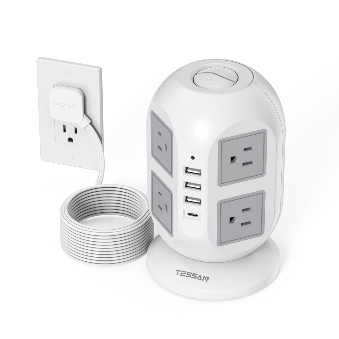 Tower Surge Protector Power Strip 10 ft, TESSAN Long Flat Extension Cord with Multiple Outlets, 8 AC Outlets with 4 USB Ports (1 USB C), Charging Station with Surge Protection, for Home Office Dorm - PCTechSupply.com