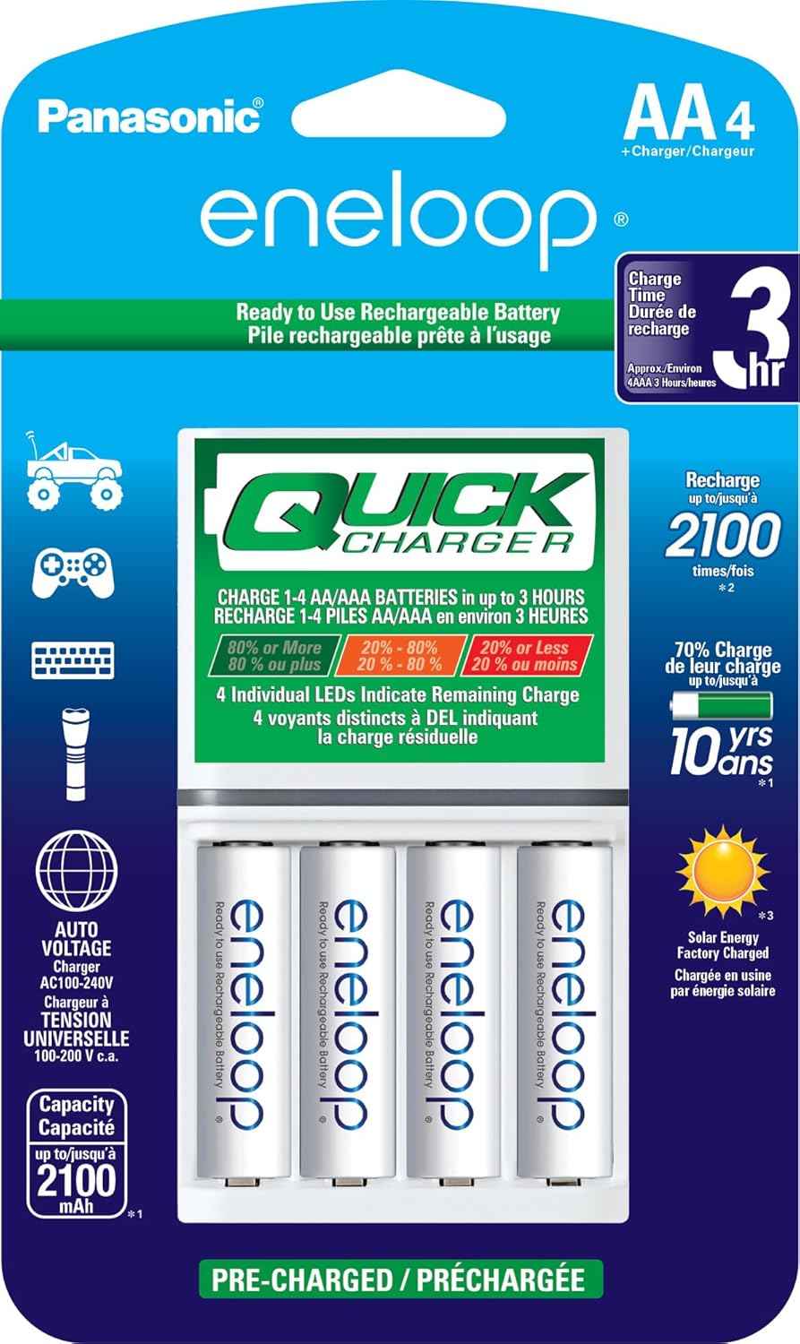 Eneloop Panasonic K-KJ55MCA4BA Advanced Individual Battery 3 Hour Quick Charger with 4 AA Rechargeable Batteries, White | 4 AA Rechargeable Batteries, 3 Hour Quick Charger