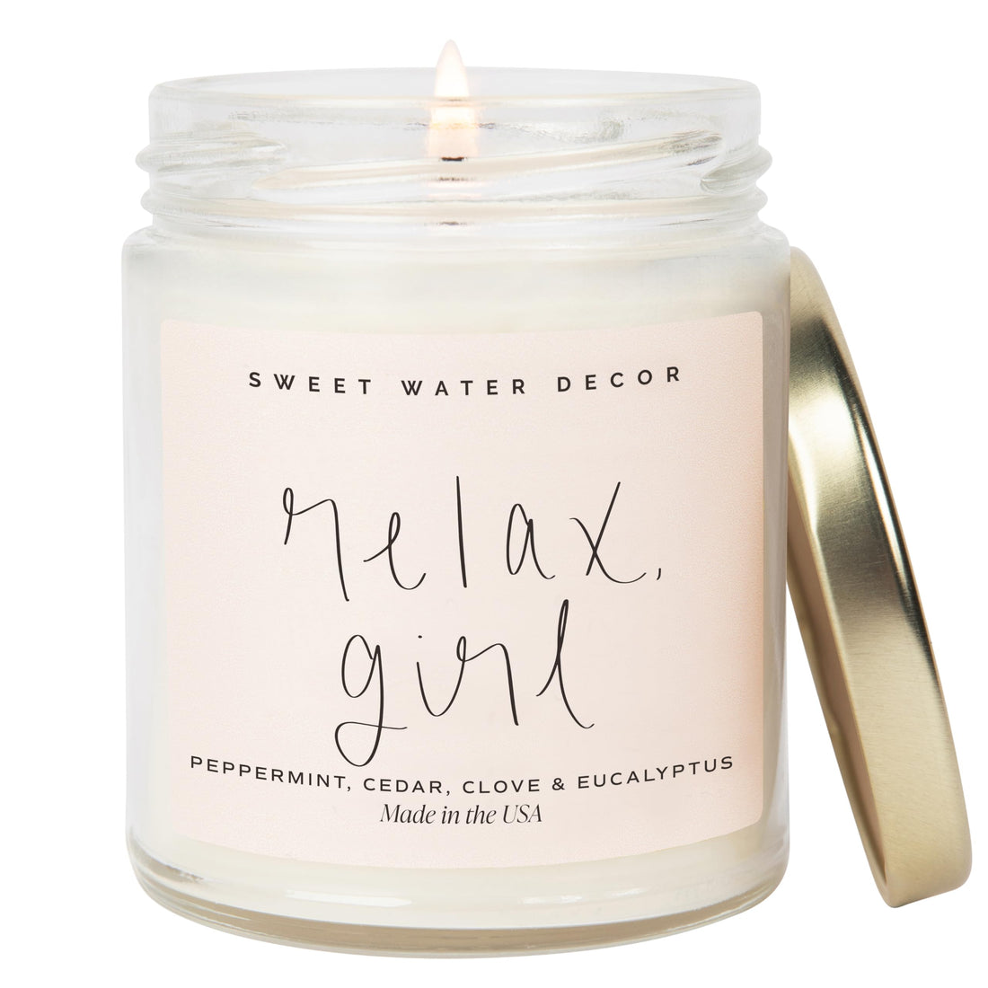 Sweet Water Decor, Relax Girl, Peppermint, Cedar, Clove, and Eucalyptus Scented Soy Wax Candle for Home | 9oz Clear Jar, 40