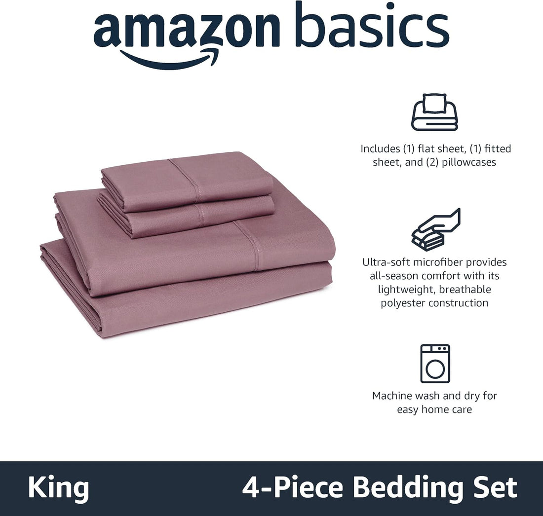 Amazon Basics Lightweight Polyester Microfiber 4-Piece Bed Sheet Set, Machine Washable, King, Rose, Solid
