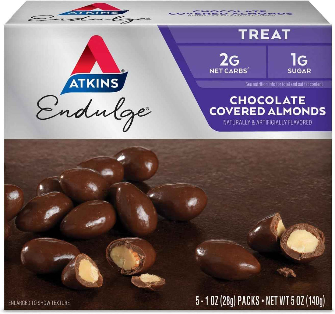 Atkins Endulge Chocolate Covered Almonds, 20 Count | 1g Sugar, Rich Chocolate Flavor, Crunchy Almonds, Individually Wrapped 1oz Packs, 4 Boxes of 5 Count Packs