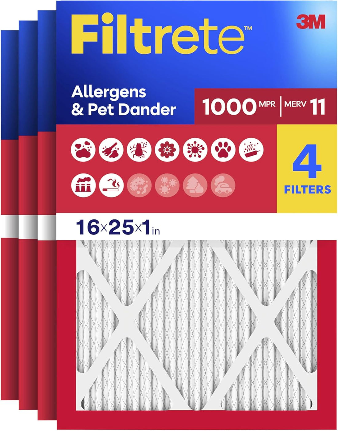 Filtrete 16x25x1 Air Filter, MERV 11, MPR 1000, Allergens & Pet Dander, 3-Month AC and Furnace Filters, Cleaner Air, Reliable Airflow, 4 HVAC Filters (Actual Size 15.68 x 24.68 x 0.81 in)