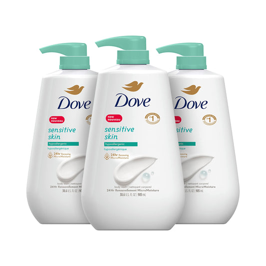 Dove Body Wash 3 Count with Pump Sensitive Skin Hypoallergenic, Paraben-Free, Sulfate-Free, Cruelty-Free, Moisturizing Skin