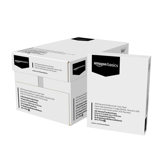 Amazon Basics Bright White 30% Recycled Multipurpose Copy Printer Paper, 8.5" x 11", 10 Reams, 5000 Count (Sheets) - PCTechSupply.com