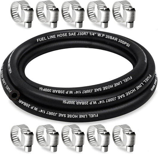 Fuel Line Hose 1/4 Inch ID, 10FT Fuel Hose, with 10 Clamps