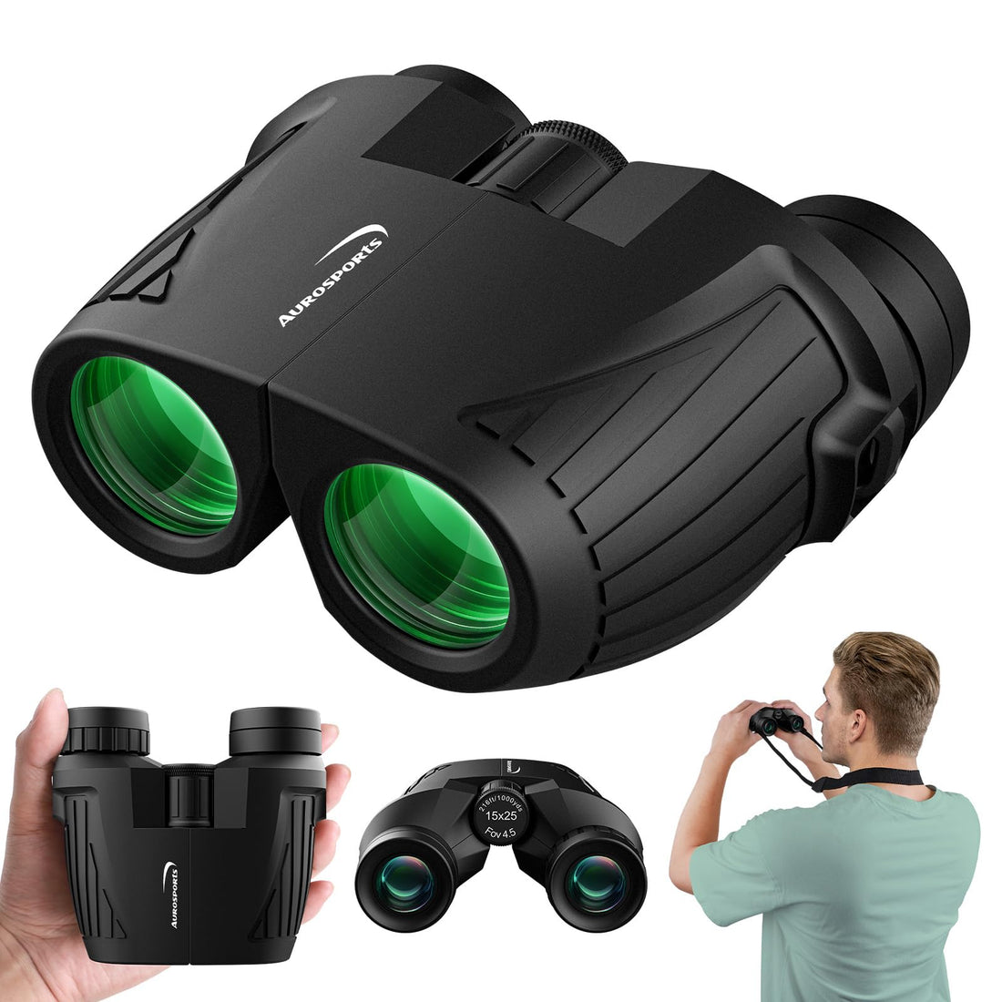 Aurosports 15x25 Compact Binoculars for Adult Kids - High Power Binoculars for Bird Watching - Easy Focus Small Binocular