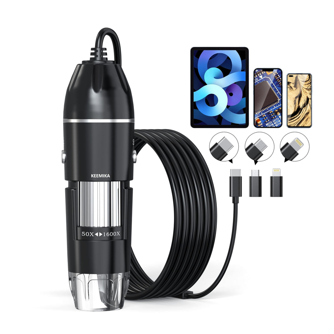 USB Digital Microscope, 50x-1600x Magnification Handheld, 1440P HD 8 LED Lights, Portable Microscope Compatible with iOS and
