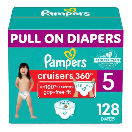 Pampers Cruisers 360 Diapers - Size 5, One Month Supply (128 Count), Pull-On Disposable Baby Diapers, Gap-Free Fit Drugstore