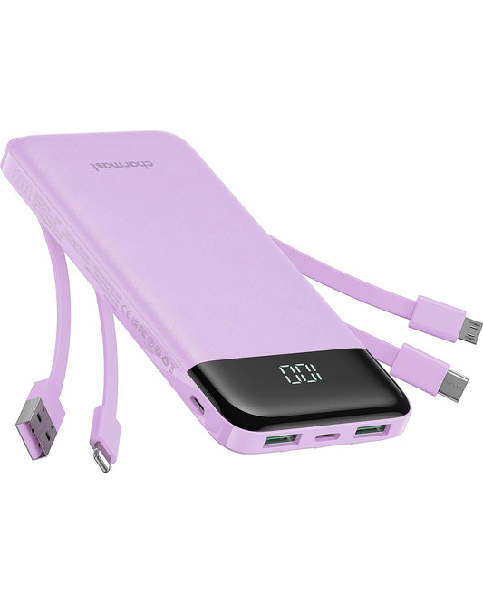 Portable Charger with Built in Cables, Portable Charger with Cords Wires Slim 10000mAh Travel Essentials Battery Pack 6