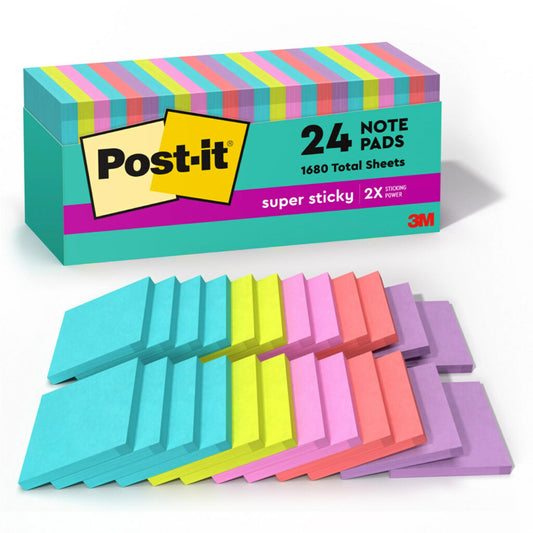 Post-it Super Sticky Notes, 24 Sticky Note Pads, 3 x 3 in., School Supplies, Office Products, Sticky Notes for Vertical Surfaces, Monitors, Walls and Windows, Supernova Neons Collection - PCTechSupply.com