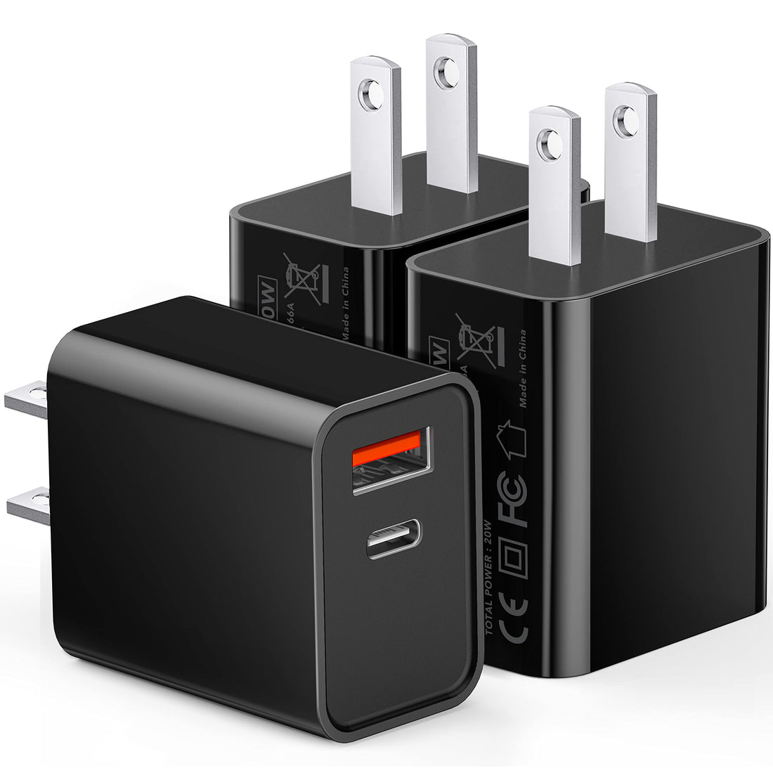 3 Pack Type C Charger, Dual Port USB C Wall Plug 20W PD & QC3.0 USB A Fast Charging Block for Samsung Galaxy S24 S23/S3+/S23
