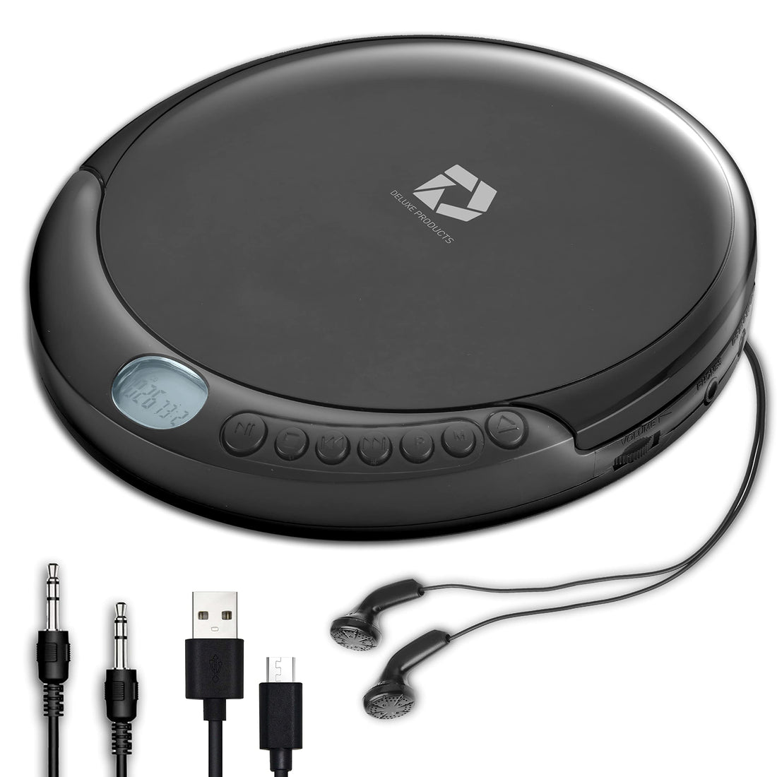Deluxe Products CD Player Portable with 60 Second Anti Skip, Stereo Earbuds, Includes Aux in Cable and AC USB Power Cable