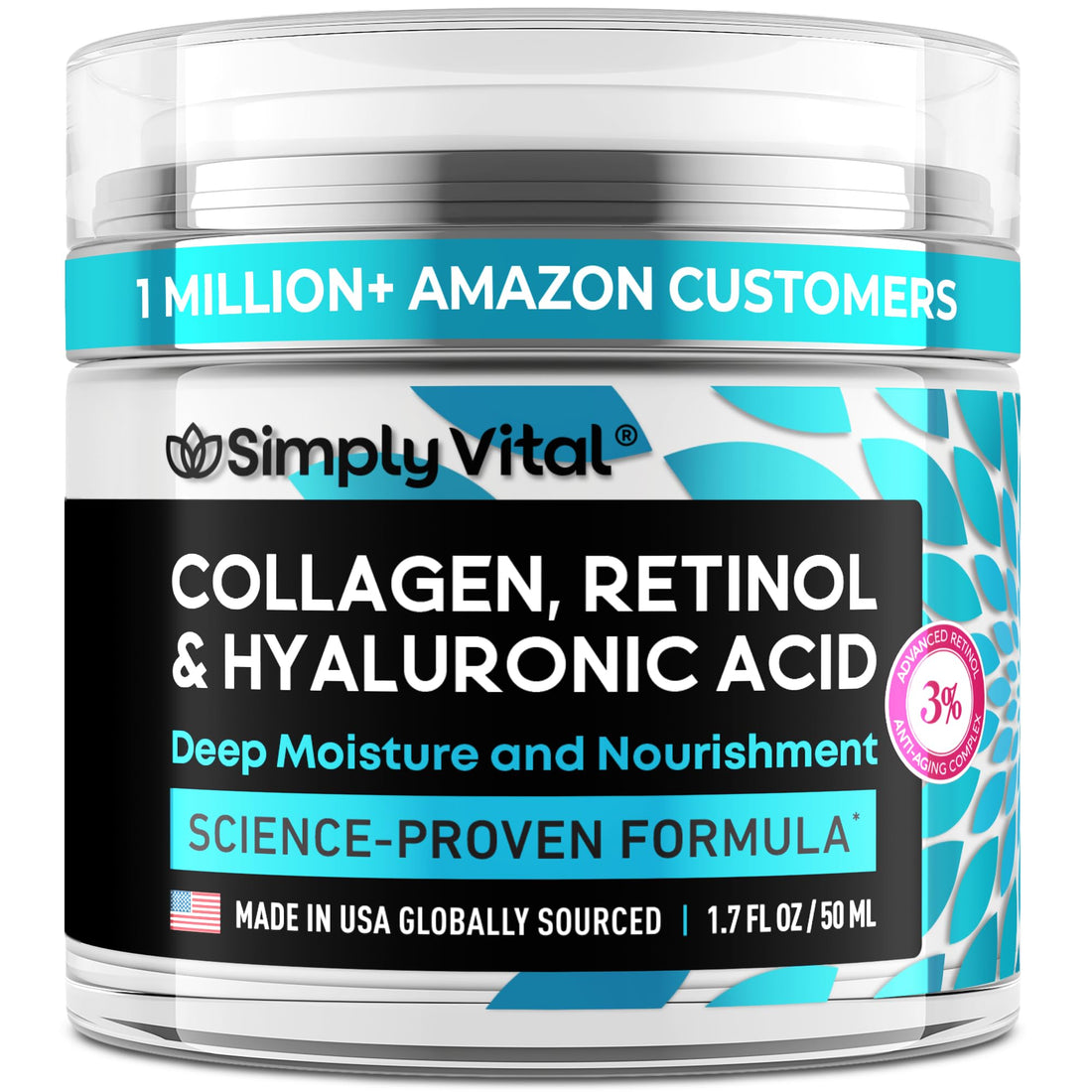 SimplyVital Collagen, Retinol & Hyaluronic Acid Cream - Anti-Aging Face Moisturizer for Face, Neck & Décolleté - Made in
