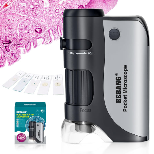 BEBANG Pocket Microscope,60X-120X Handheld Mini Microscope for Kids with LED Lighted Zoom, Portable Microscope Kits with 5