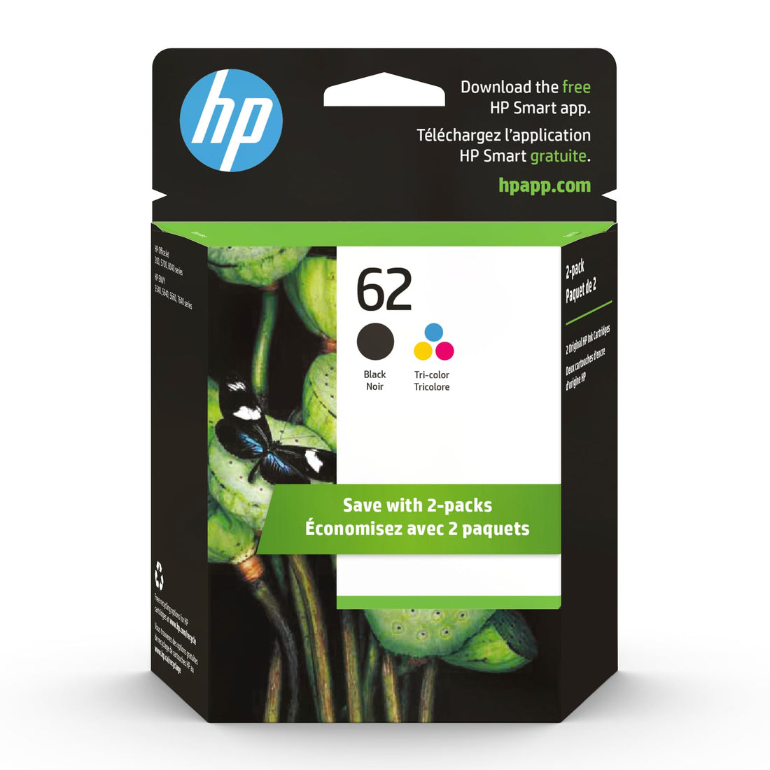 HP 62 Black/Tri-color Ink (2-pack) | Works with HP ENVY 5540, 5640, 5660, 7640 Series, HP OfficeJet 5740, 8040 Series, HP OfficeJet Mobile 200, 250 Series | Eligible for Instant Ink | N9H64FN - PCTechSupply.com